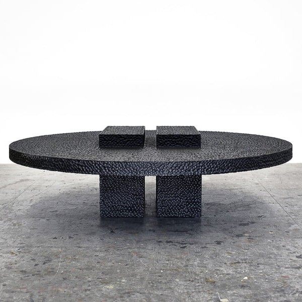 R3 Oval Table in carved, blackened maple by John Eric Byers for RUNE, New York.