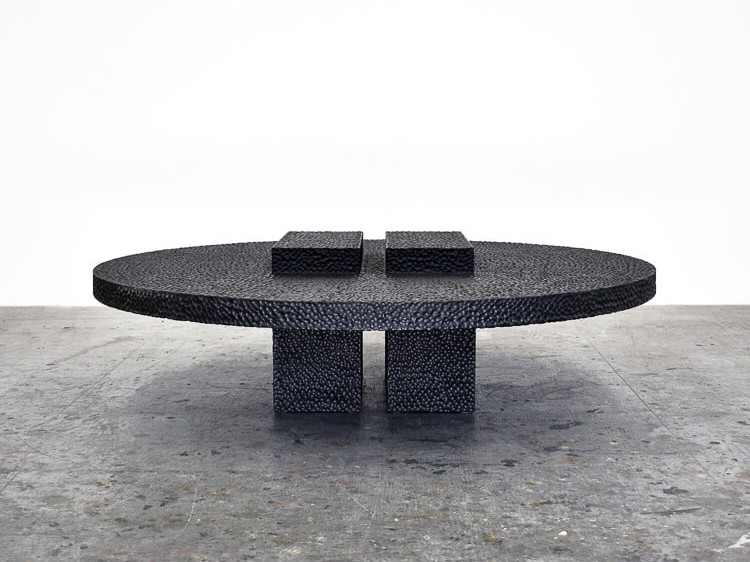 R3 Oval Table in carved, blackened maple by John Eric Byers for RUNE, New York.