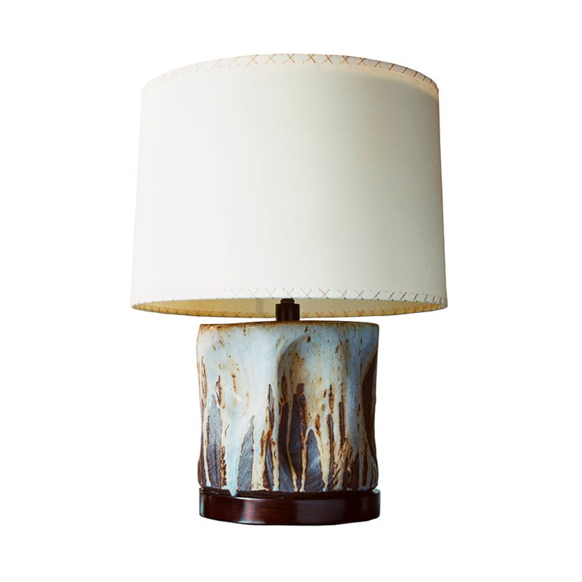 Wide Undulating Cylinder Lamp in dark brown clay body with heavenly lavender glaze by ceramicist Clate Grunden for RUNE, New York.