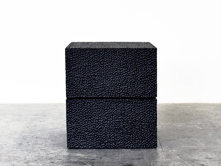 Square Reveal Table #1 in carved, blackened maple by John Eric Byers for RUNE, New York.