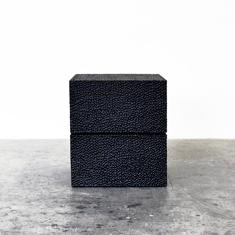 Square Reveal Table #1 in carved, blackened maple by John Eric Byers for RUNE, New York.