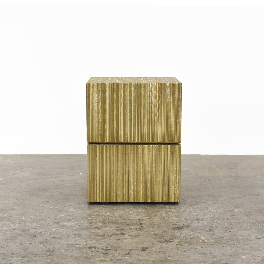 OT1 Side Table in sawn, gold metallic lacquered maple by John Eric Byers for RUNE, New York.