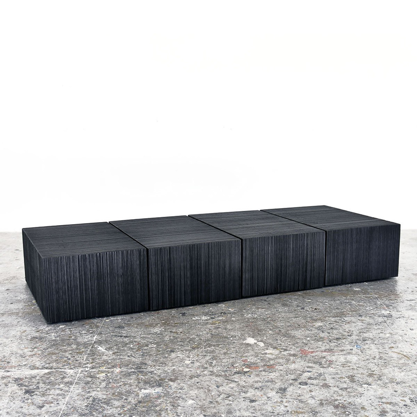 Reveal Block Table #2 in sawn, blackened maple by John Eric Byers for RUNE, New York.