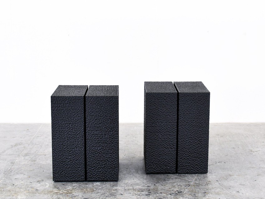 Vertical Reveal Tables in carved, blackened maple by John Eric Byers for RUNE, New York.