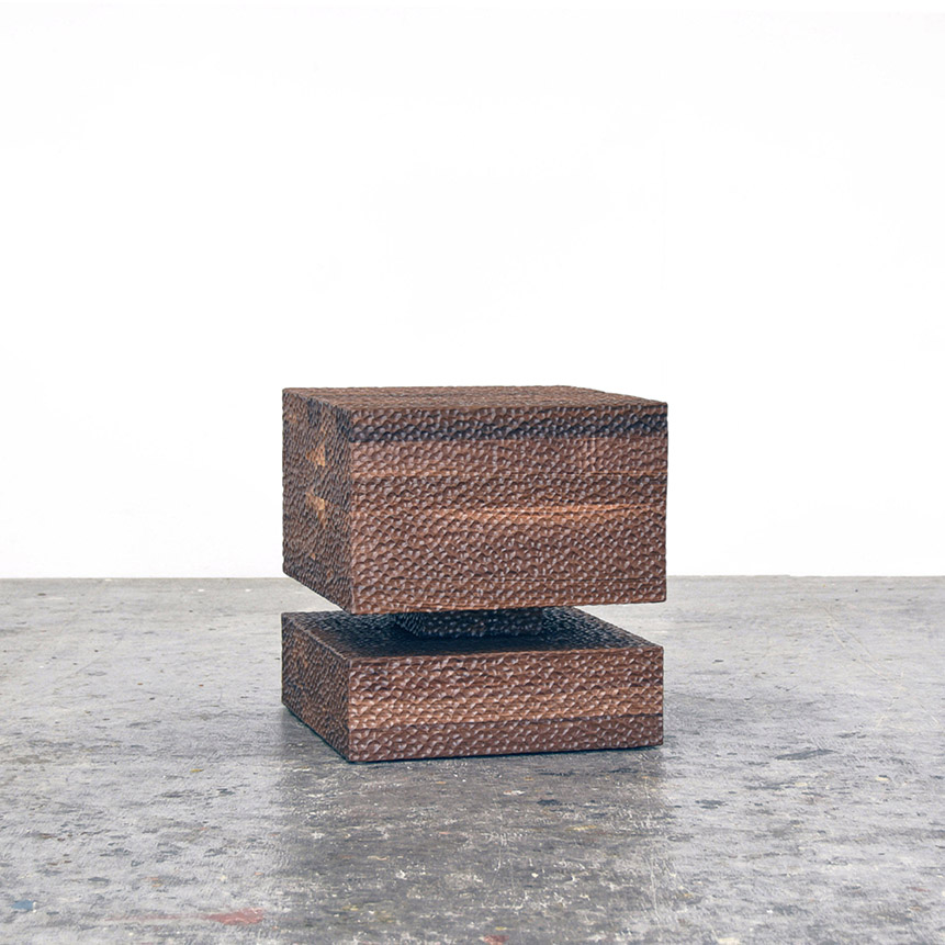Walnut Revert Tables / Stools #1 in carved American walnut by woodworking artist John Eric Byers for RUNE, New York.