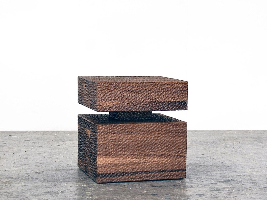 Walnut Revert Tables / Stools #2 in carved American walnut by woodworking artist John Eric Byers for RUNE, New York.