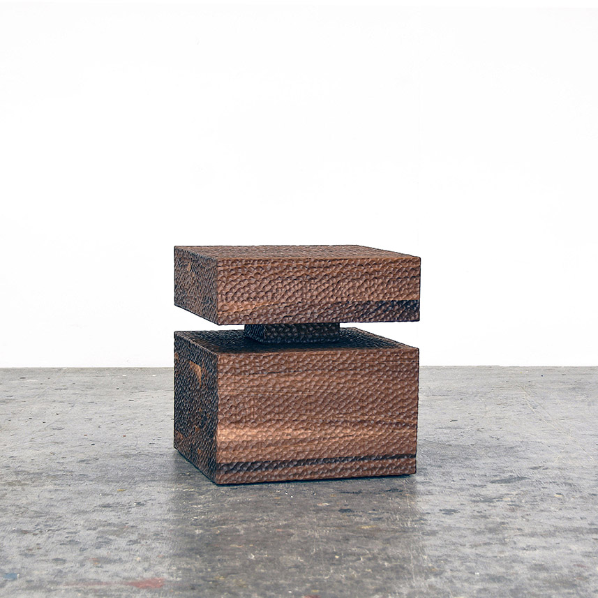 Walnut Revert Tables / Stools #2 in carved American walnut by woodworking artist John Eric Byers for RUNE, New York.