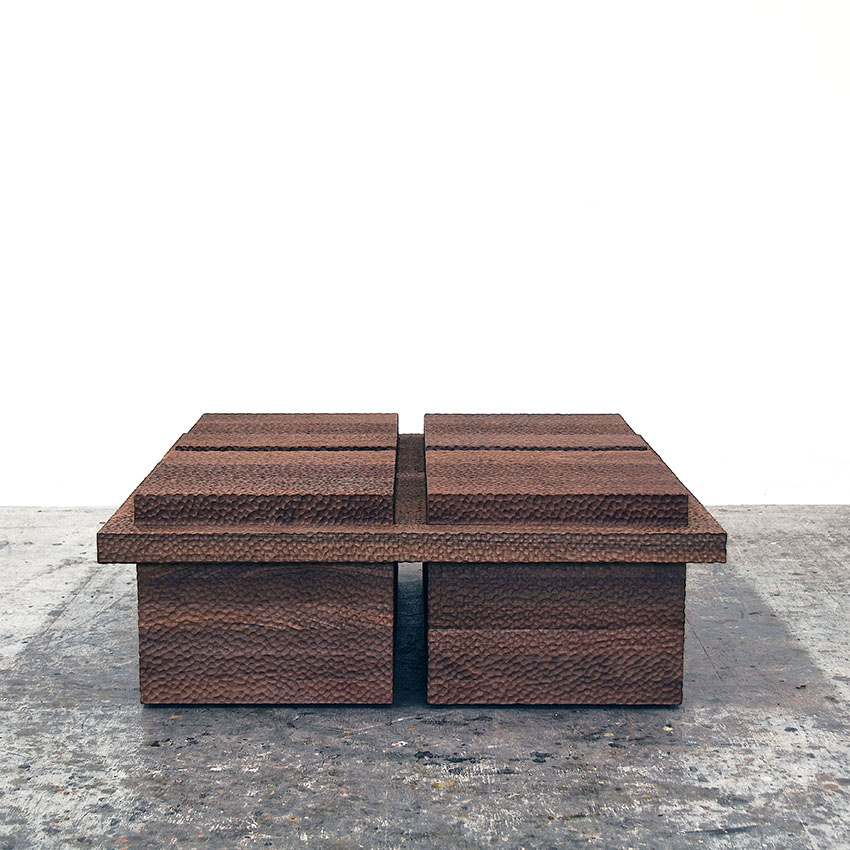 Front view of BW4S Table / Bench in carved walnut by John Eric Byers for RUNE, New York.