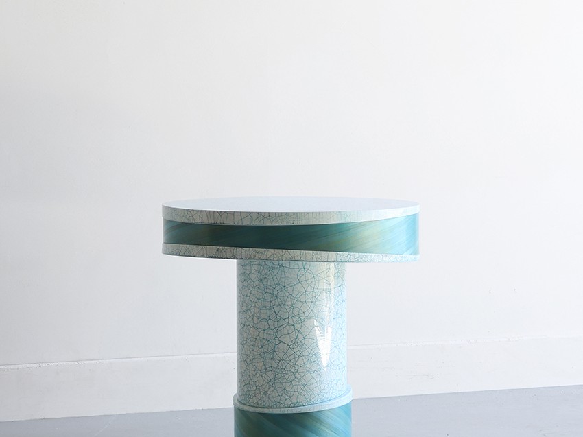 Flow Table Blue Crackle lacquer and straw marquetry by Jallu Ébénistes available through RUNE, New York