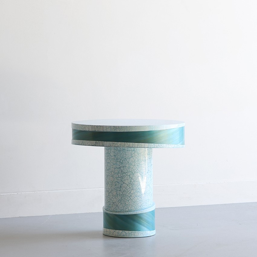 Flow Table Blue Crackle lacquer and straw marquetry by Jallu Ébénistes available through RUNE, New York