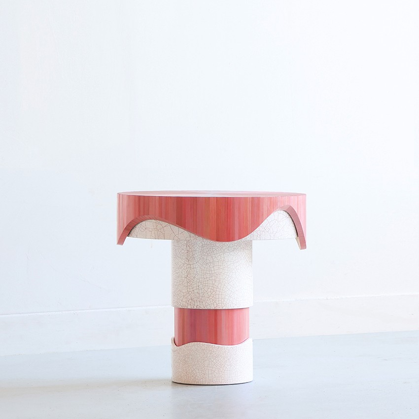 Jallu Ébénistes Flow Table Drip Pink in cracked lacquer and straw marquetry available through RUNE, New York