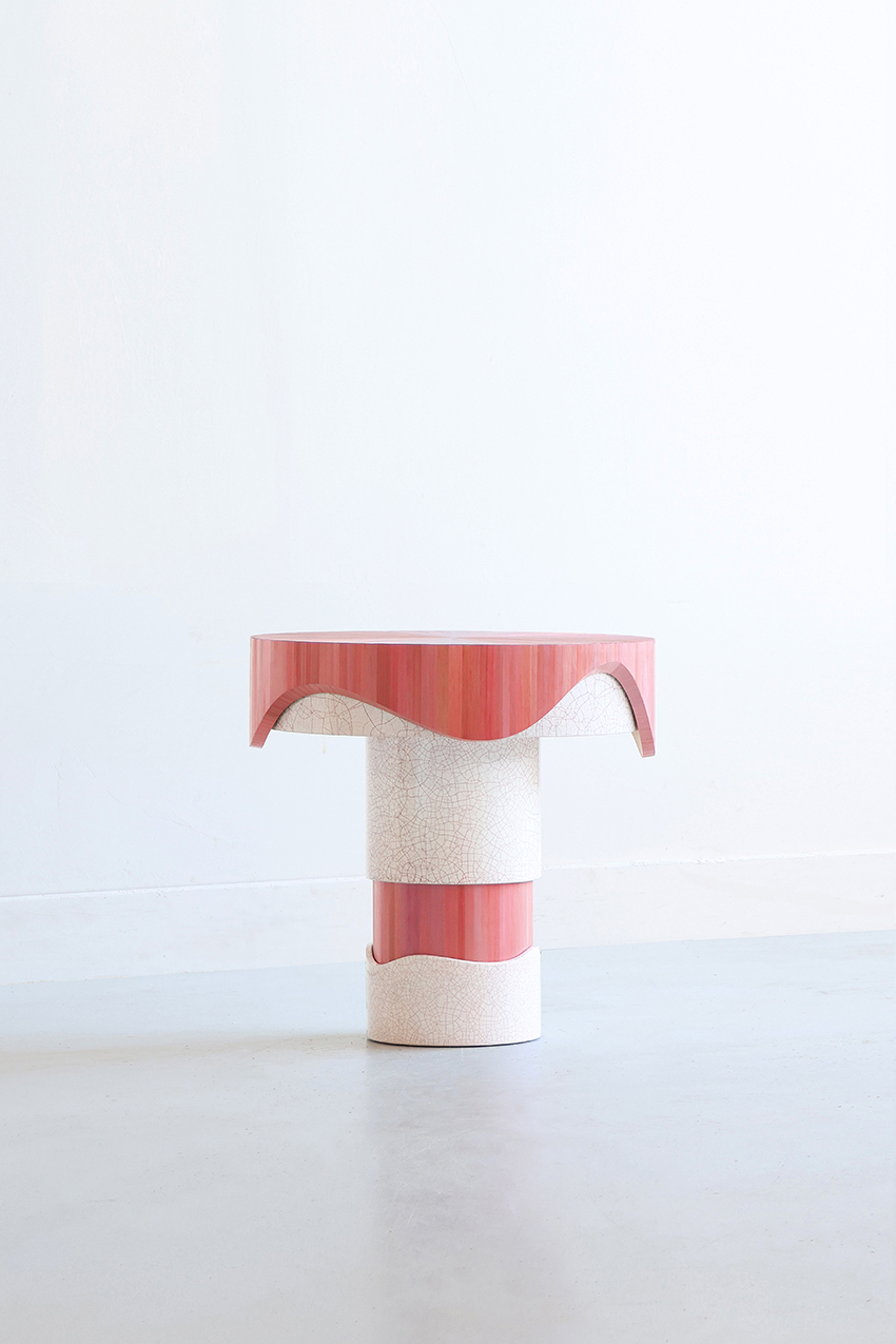 Jallu Ébénistes Flow Table Drip Pink in cracked lacquer and straw marquetry available through RUNE, New York