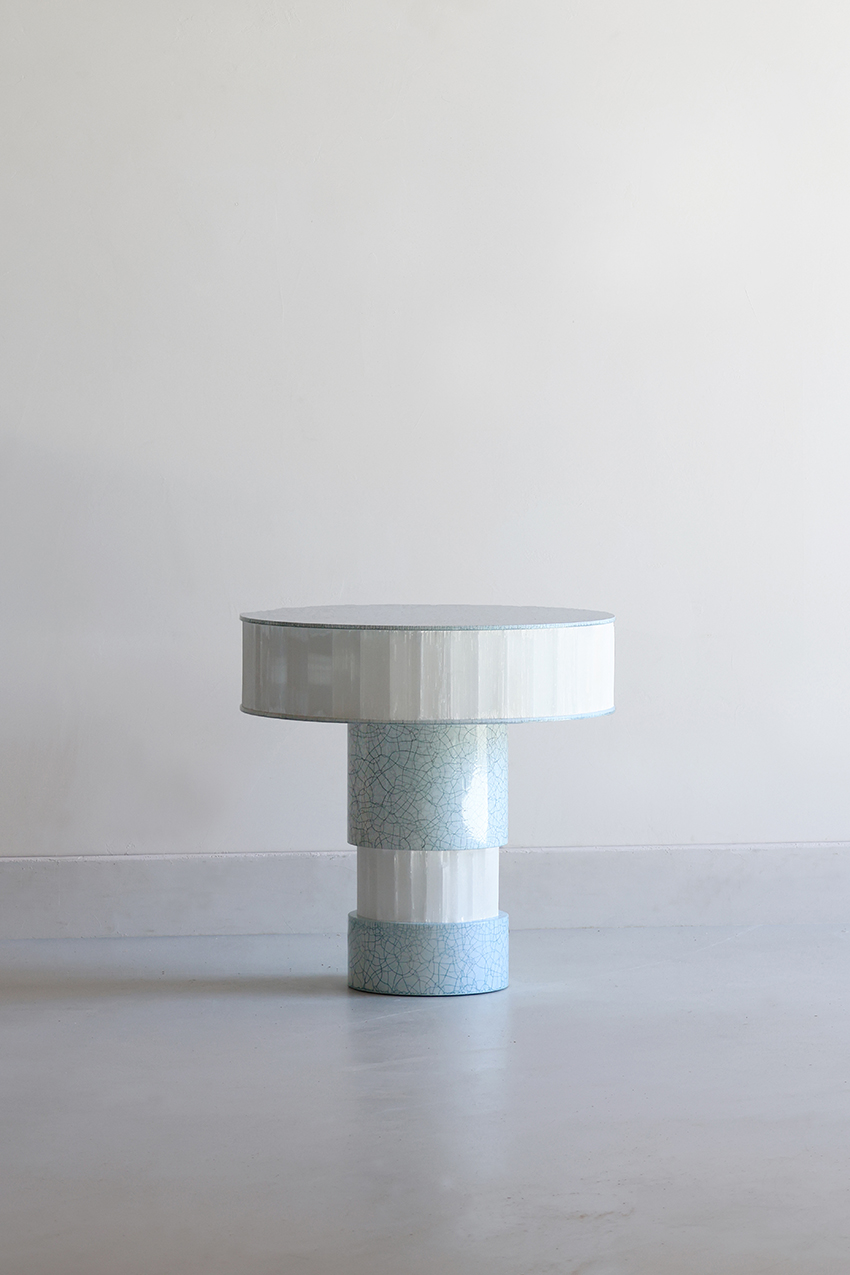 White Crackle modern lacquer and gypse side table by Jallu Ébénistes available through RUNE, New York