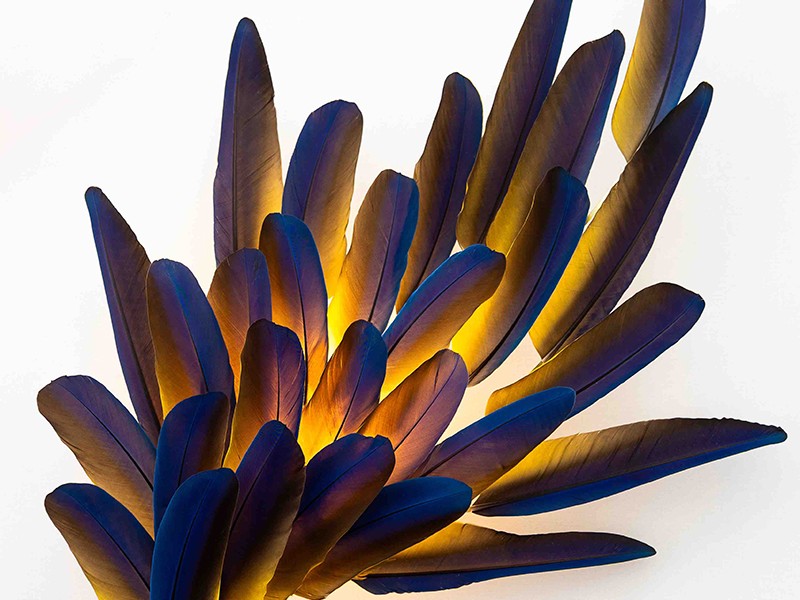 Illuminated feather wall sconce with deep blue & gold hues & ethereal textures by Janaïna Milheiro available through RUNE, New York.
