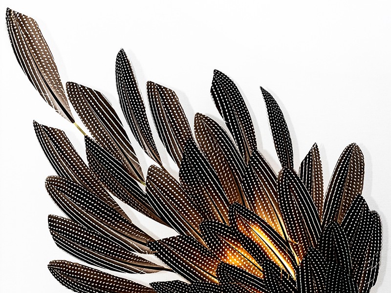 Illuminated feather wall sconce illustrates the bespoke lighting design capabilities of Janaïna Milheiro available through RUNE, New York.