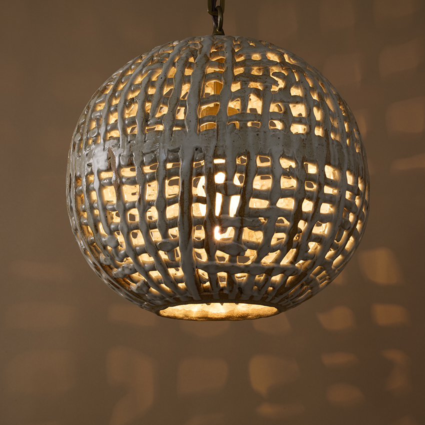 Hand-built & glazed Basketweave Sphere Pendant with woven stoneware texture, suitable for indoor & outdoor applications by ceramicist Clate Grunden, shown in white clay with matte white glaze & antique brass French chain. Available from RUNE, New York.