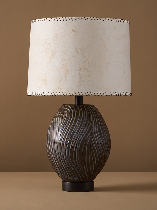 Handmade, organic stoneware ceramic Kizamu Ovoid table lamp inspired by Japanese woodblock prints and rock gardens.