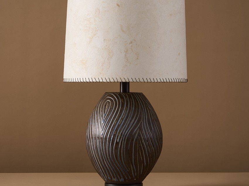 Handmade, organic stoneware ceramic Kizamu Ovoid table lamp inspired by Japanese woodblock prints and rock gardens.
