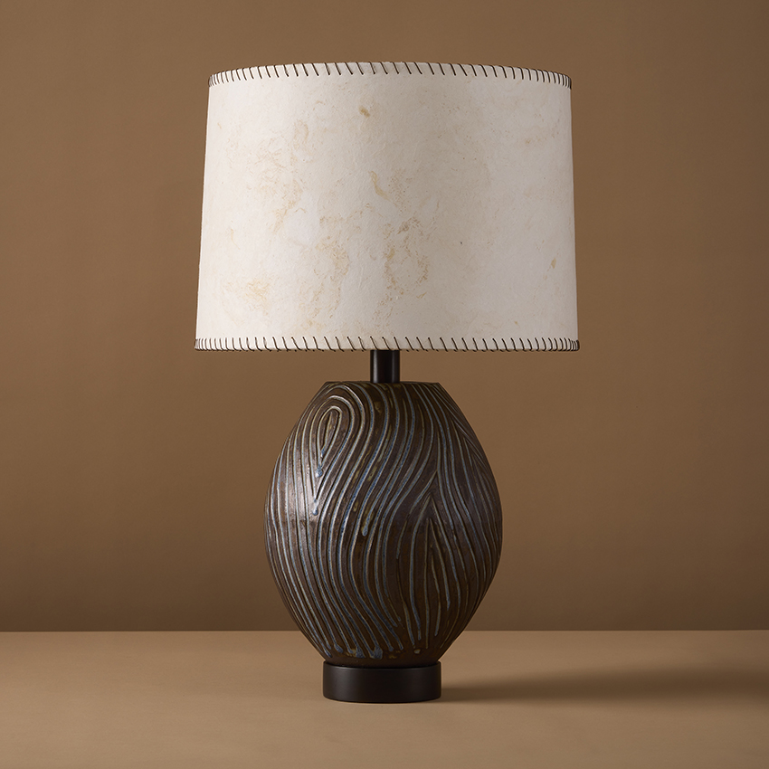 Handmade, organic stoneware ceramic Kizamu Ovoid table lamp inspired by Japanese woodblock prints and rock gardens.