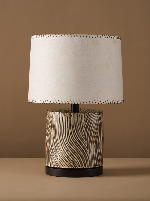 Handmade ceramic table lamp by Clate Grunden, inspired by the patterns found in Japanese woodblock prints & rock gardens.