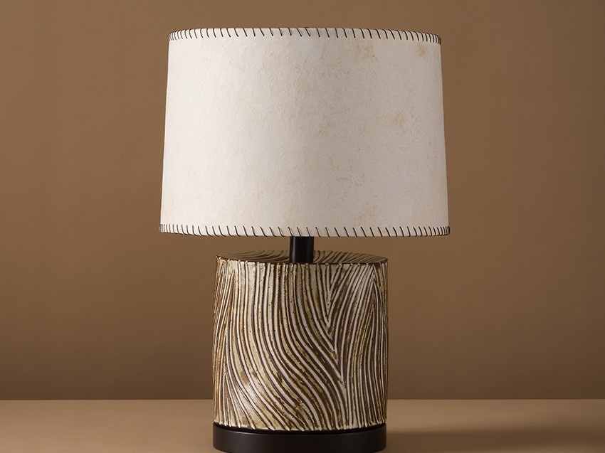 Handmade ceramic table lamp by Clate Grunden, inspired by the patterns found in Japanese woodblock prints & rock gardens.
