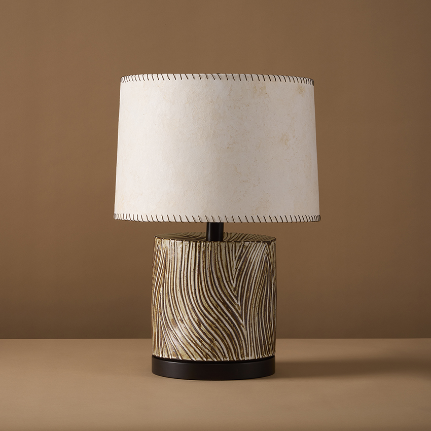 Handmade ceramic table lamp by Clate Grunden, inspired by the patterns found in Japanese woodblock prints & rock gardens.