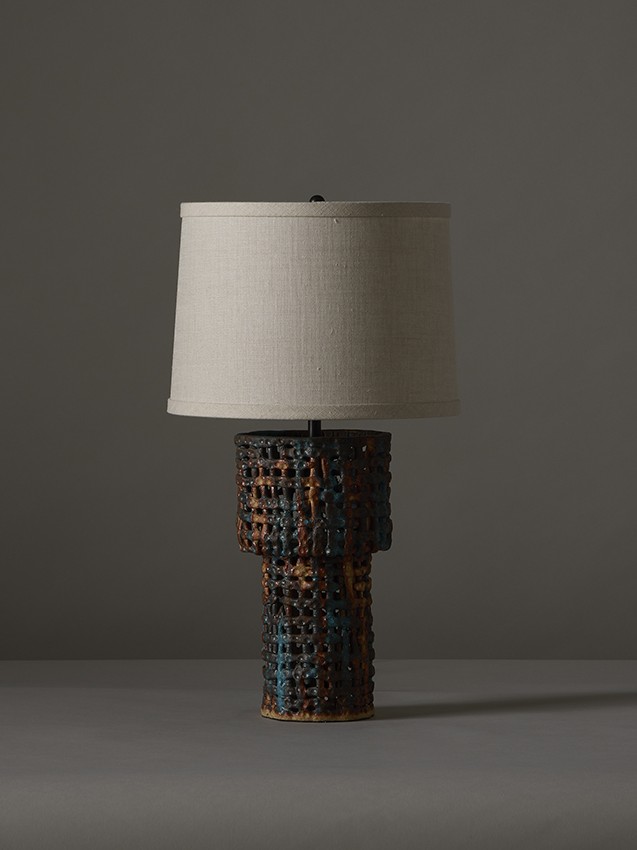 Stacked Small Basketweave table lamp is handmade in Los Angeles by ceramicist Clate Grunden, available from RUNE, New York.