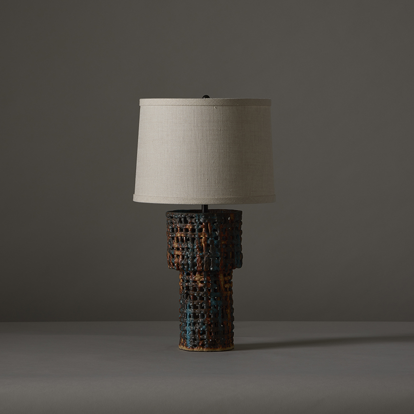Stacked Small Basketweave table lamp is handmade in Los Angeles by ceramicist Clate Grunden, available from RUNE, New York.