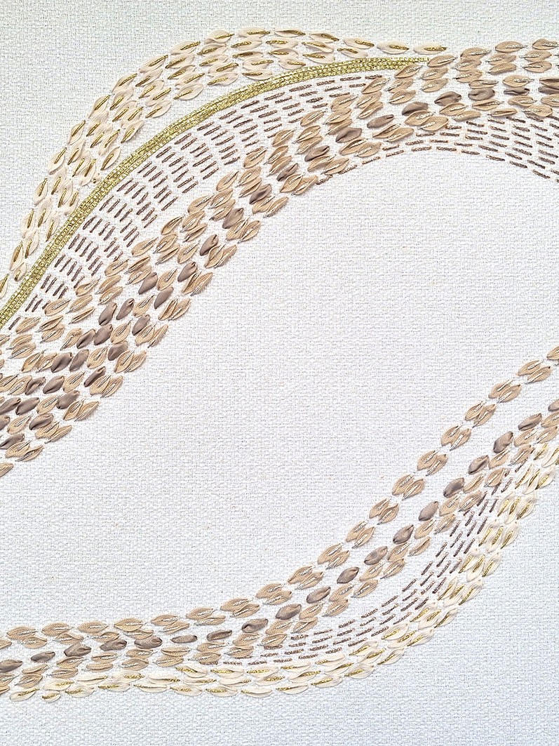 Detailed view of P+L Studio’s French embroidered fabric, highlighting colorful threadwork & texture in a modern, wave-like pattern.