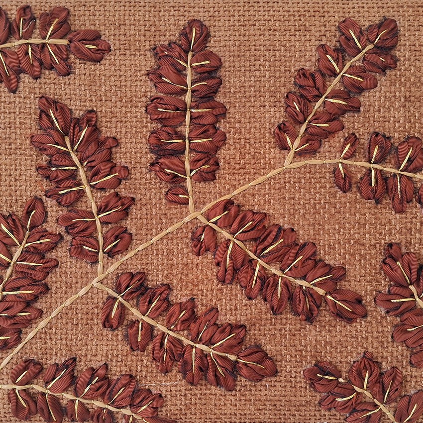 View of P+L Studio’s hand-embroidered fabric in an elegant & textured flowering branch pattern. Their textile designs are crafted in France, ideal for high-end furniture and interior projects.